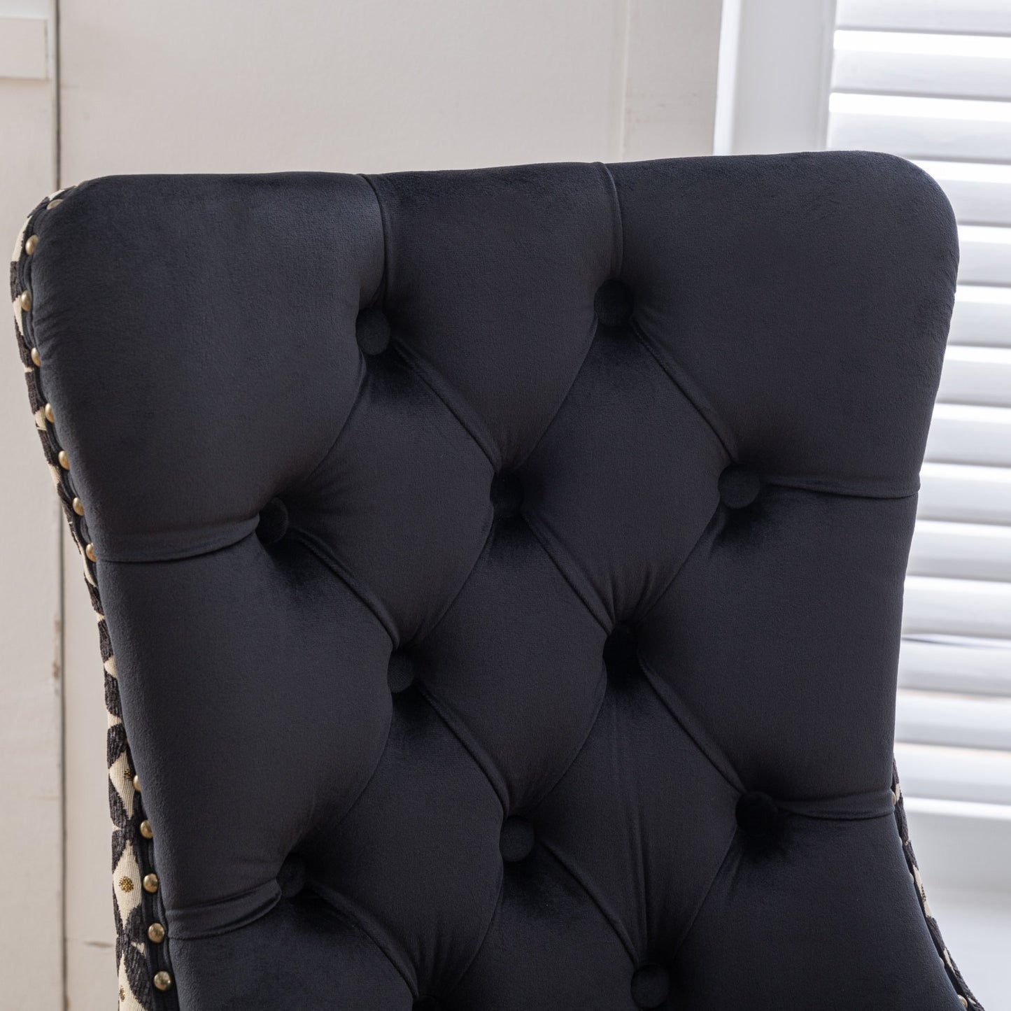 Velvet Dining Chairs Set of 2, Tufted High-Back, Solid Wood Frame, Nailhead Trim, Black & Patterned