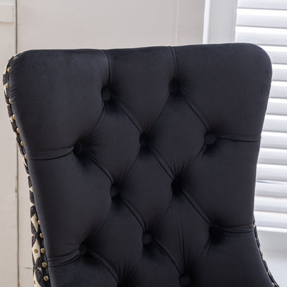 Velvet Dining Chairs Set of 2, Tufted High-Back, Solid Wood Frame, Nailhead Trim, Black & Patterned