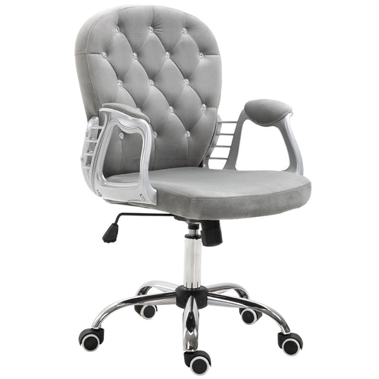 Elegant Gray Velvet Adjustable Office Chair with Swivel Wheels and Padded Armrests