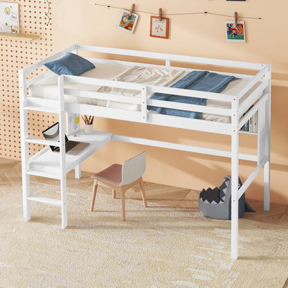 Twin Loft Bed with Integrated Desk and Shelves, Safety Guardrails, and Ladder in White