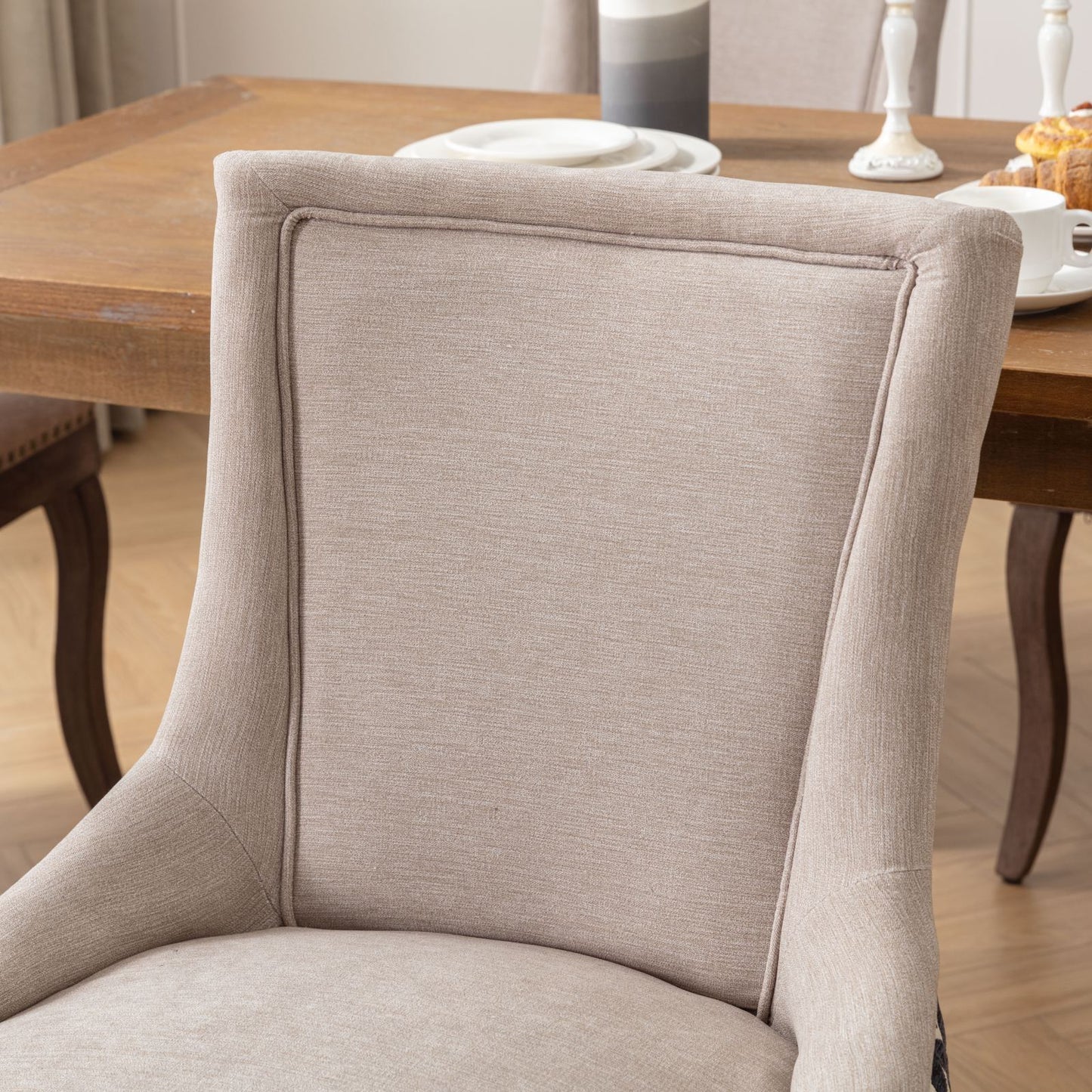 A&A Furniture, Ultra Side Dining Chair, Thickened fabric chairs with neutrally toned solid wood legs, Bronze nail head, Set of 2, Beige and Patterned,SW2207BG