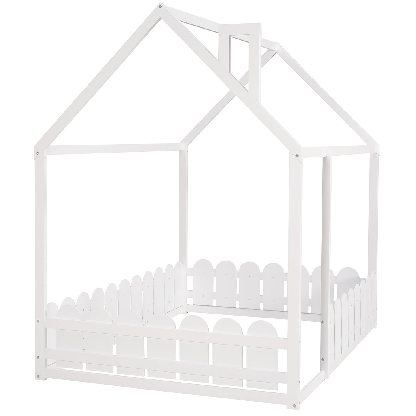 Full Size Wooden House Bed Frame with Fence for Kids and Teens - White (Slats Not Included)