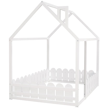 Full Size Wooden House Bed Frame with Fence for Kids and Teens - White (Slats Not Included)