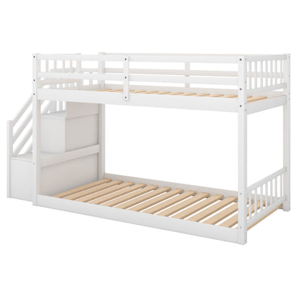 Space-Saving Twin Over Twin Bunk Bed with Storage Ladder in White