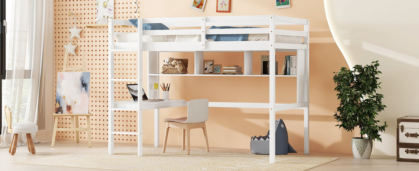 Twin Loft Bed with Integrated Desk and Shelves, Safety Guardrails, and Ladder in White