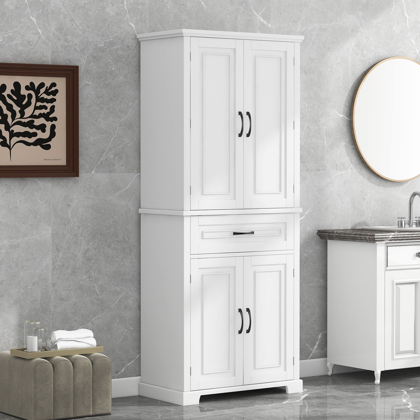 Tall White Bathroom Storage Cabinet with Adjustable Shelf and Drawer, Versatile Multi-Functional Organizer