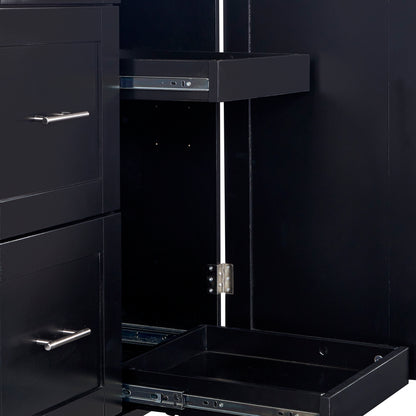 K&K Multifunctional Rolling Kitchen Cart with Rubber Wood Top, 3 Drawers, 2 Slide-Out Shelves, and Ample Storage, Mobile Kitchen Island with Spice Rack & Tower Rack in Black