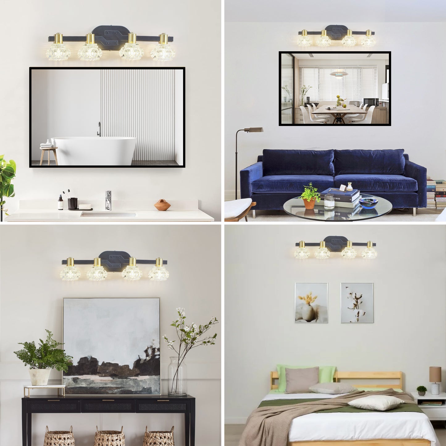 Vintage 4-Light Wall Sconce with Crystal Shades for Hallway or Bathroom Vanity, Black Iron Finish