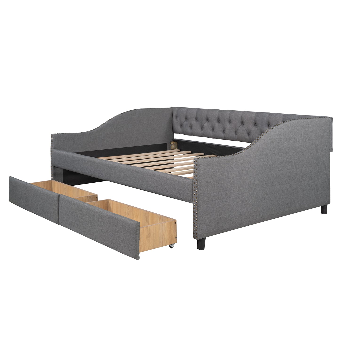 Elegant Gray Upholstered Full Size Daybed with Storage Drawers and Wood Slat Support