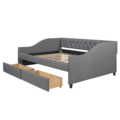 Elegant Gray Upholstered Full Size Daybed with Storage Drawers and Wood Slat Support