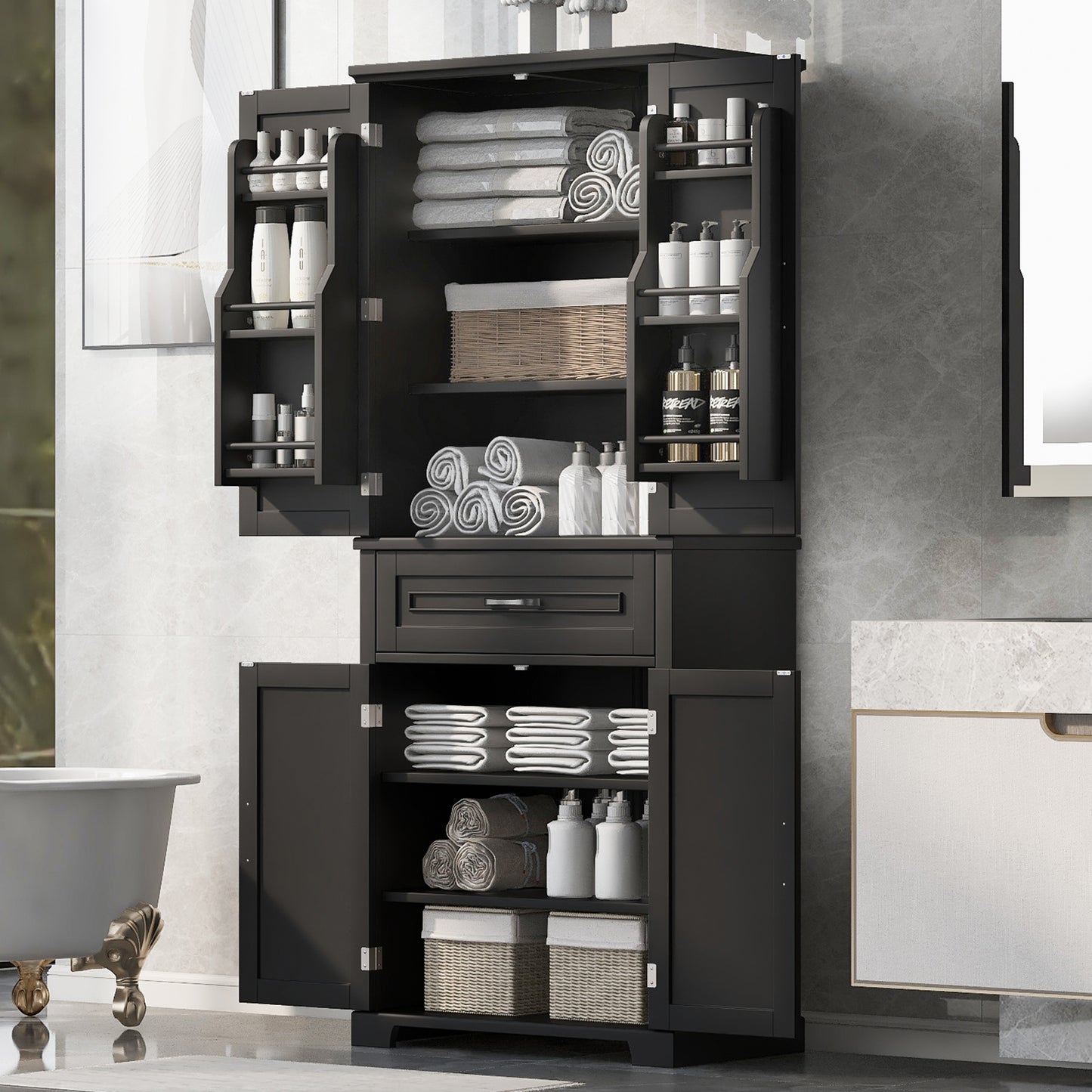 Tall Black Bathroom Storage Cabinet with Adjustable Shelf, Doors, and Drawer for Versatile Organization