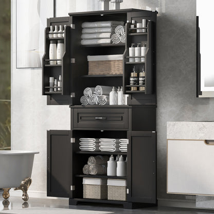 Tall Black Bathroom Storage Cabinet with Adjustable Shelf, Doors, and Drawer for Versatile Organization