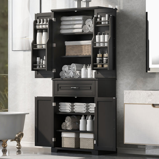 Tall Black Bathroom Storage Cabinet with Adjustable Shelf, Doors, and Drawer for Versatile Organization