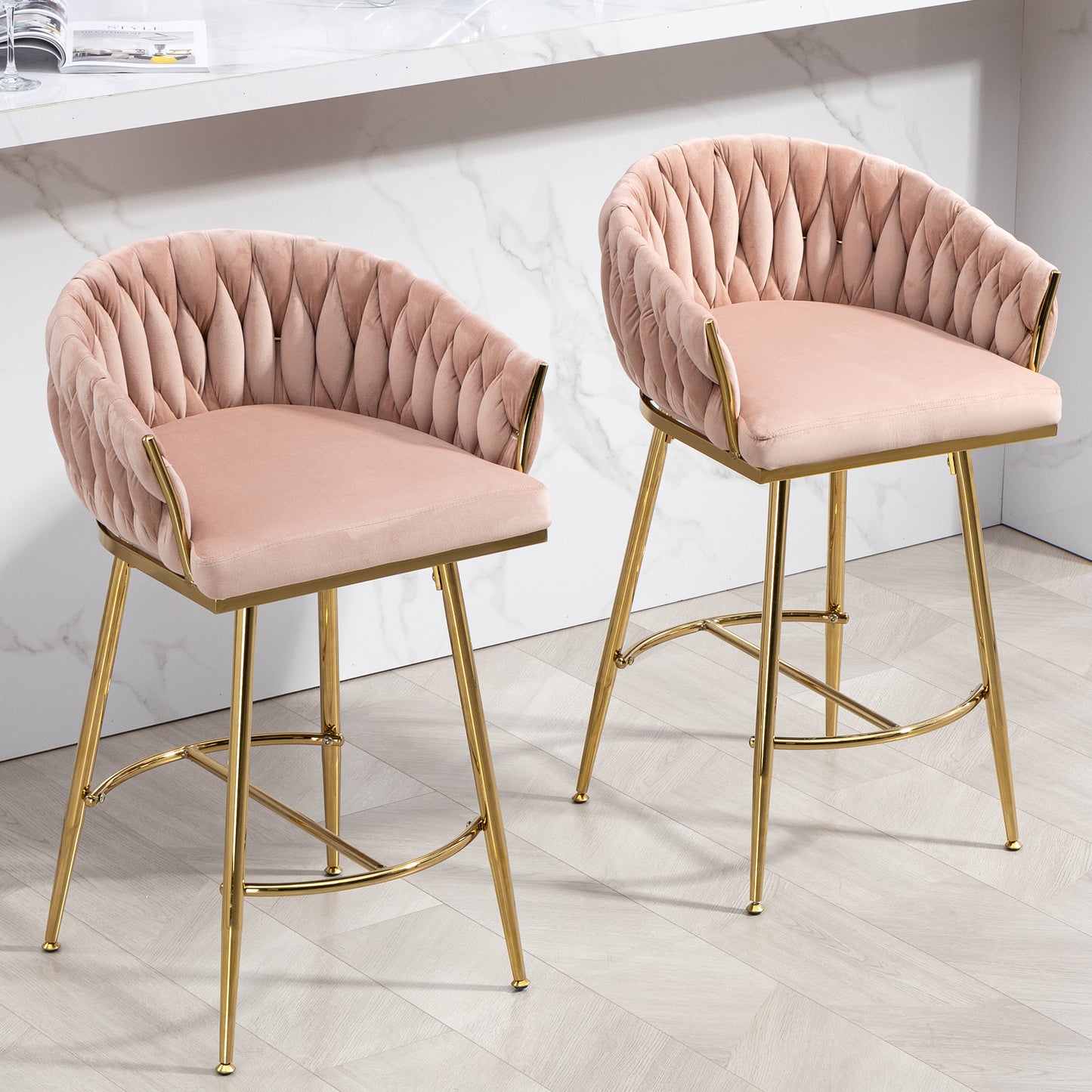 26 Inch Bar Stools Set Of 2 Pink Velvet Golden Base Premium