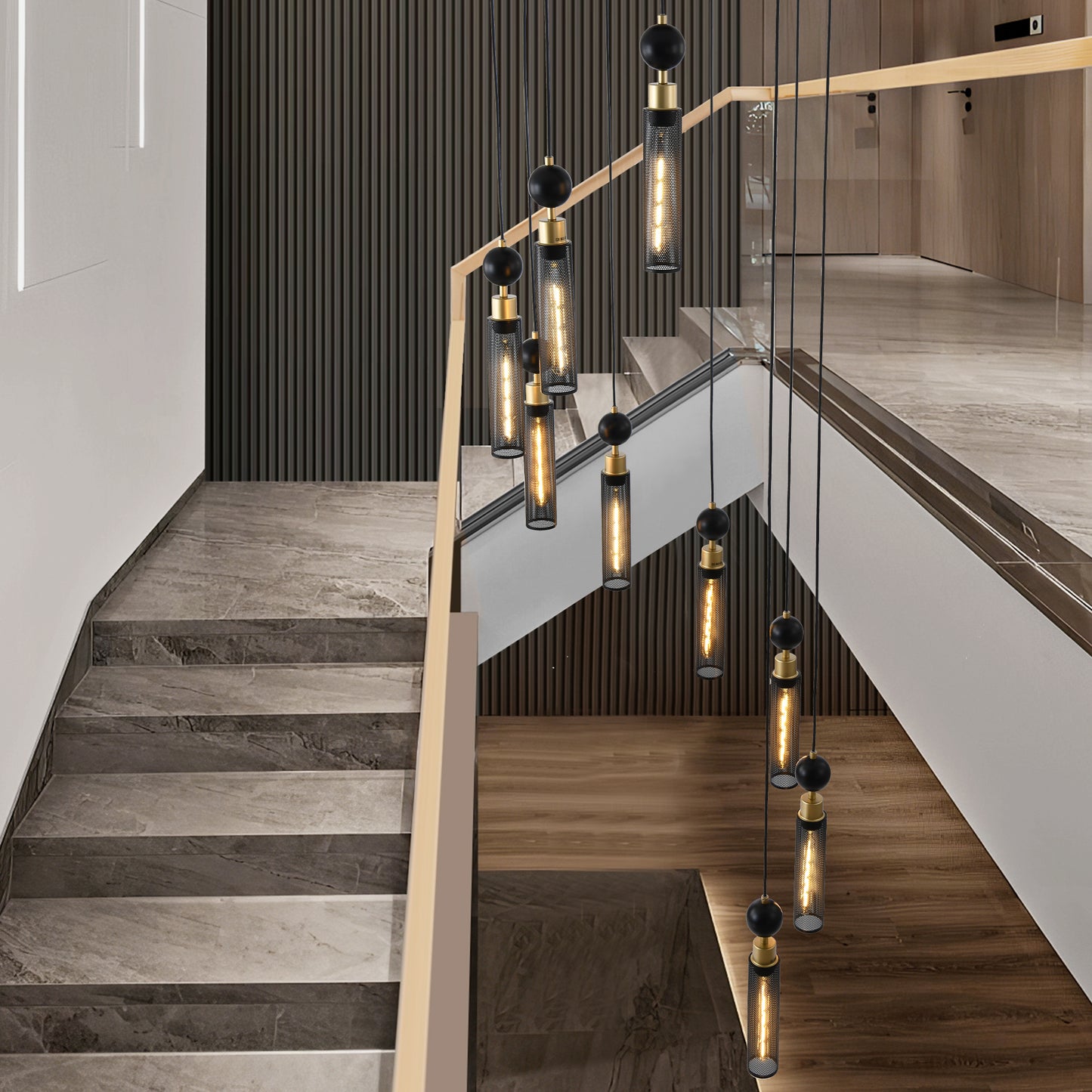 9-Light Pendant, Mesh Cylinder Shades, Adjustable Ceiling Light for Living Room or Dining - Black-Gold