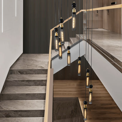 9-Light Pendant, Mesh Cylinder Shades, Adjustable Ceiling Light for Living Room or Dining - Black-Gold