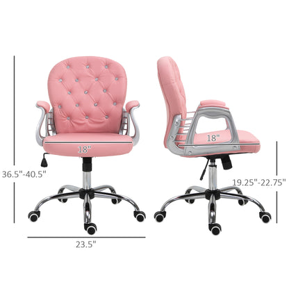 Pink Tufted PU Leather Office Chair with Adjustable Height, Swivel Wheels, and Padded Armrests