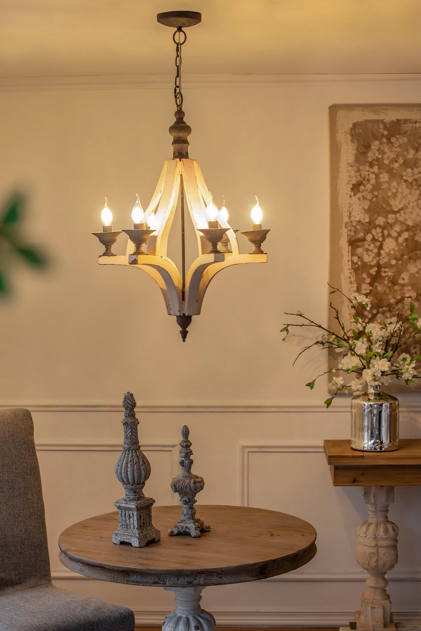 6-Light Wood Chandelier with Adjustable Chain for Kitchen/Dining/Foyer, 60W Bulbs Not Included Cream