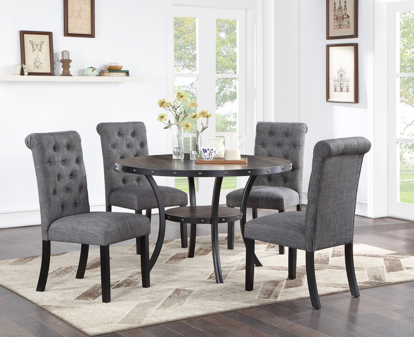 Round Dining Table With Nailhead Trim And Storage Natural