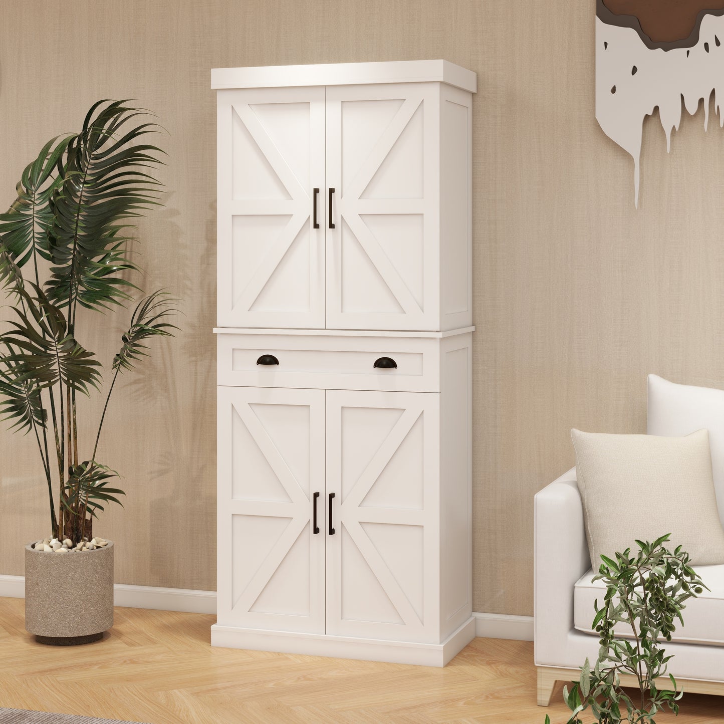 Elegant 71" White Freestanding Kitchen Pantry Cabinet with 4 Doors, 1 Drawer, Adjustable Shelves for Versatile Storage
