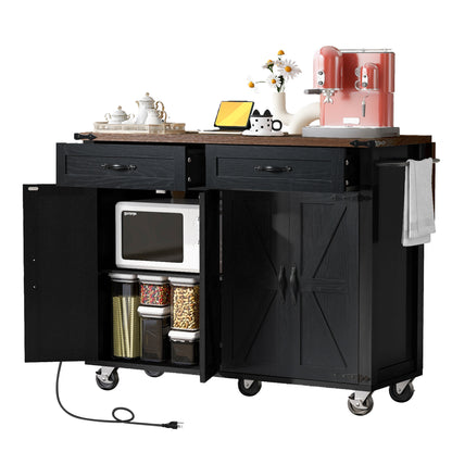 Rolling Farmhouse Kitchen Island with Power Outlet, Drop Leaf Design, Ample Storage, and Spice Rack - Black