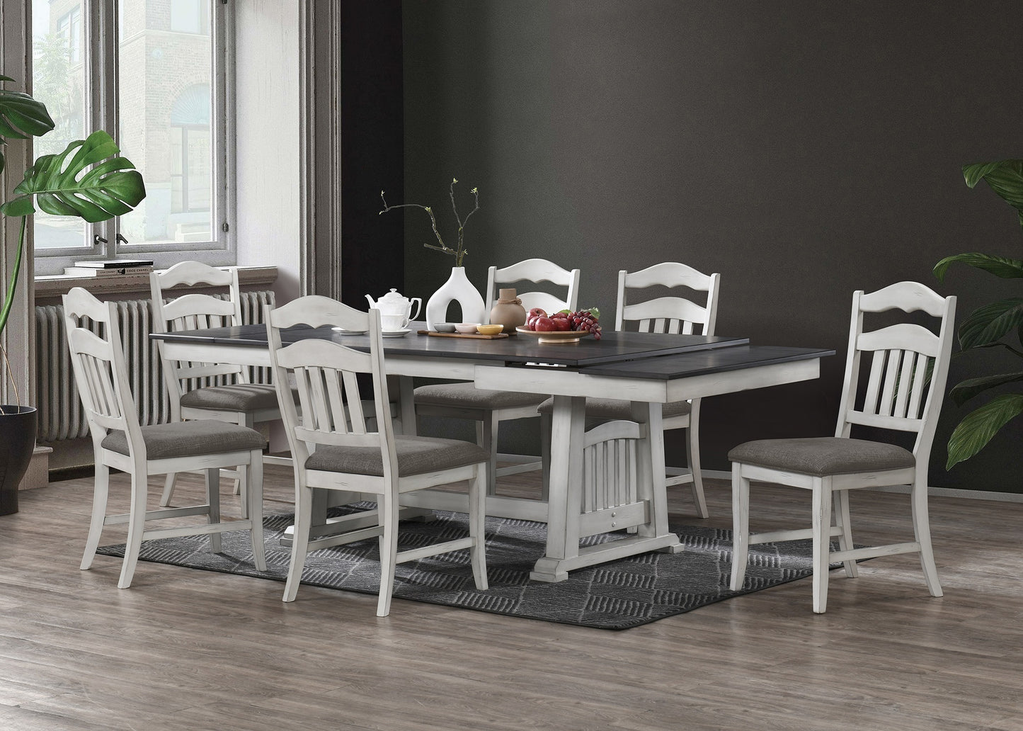 Modern Dining Table 2 Leaves Antique White and Grey Finish
