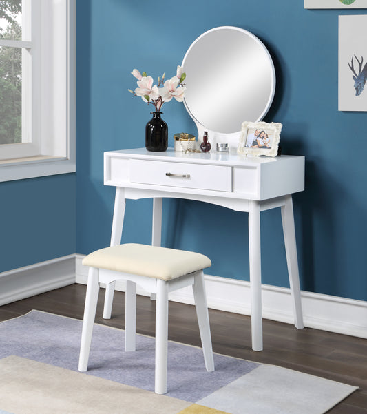 Contemporary Wood Vanity and Stool Set for Bedroom or Dressing Area, Modern Makeup Desk, White
