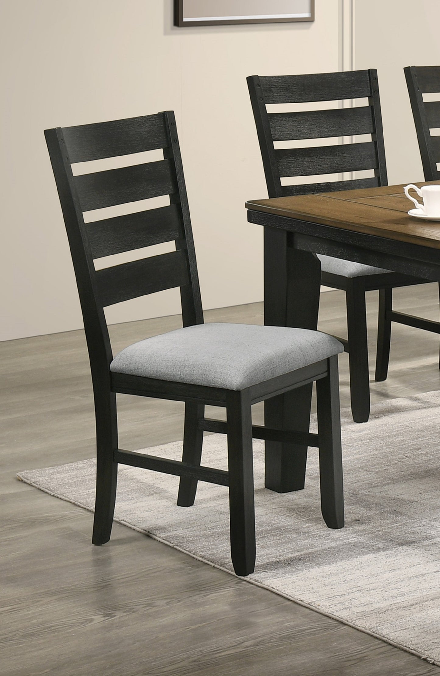 Contemporary Dining Chairs Set of 2, Solid Wood, Fabric Cushions, Ladder Back, Wheat Charcoal Finish