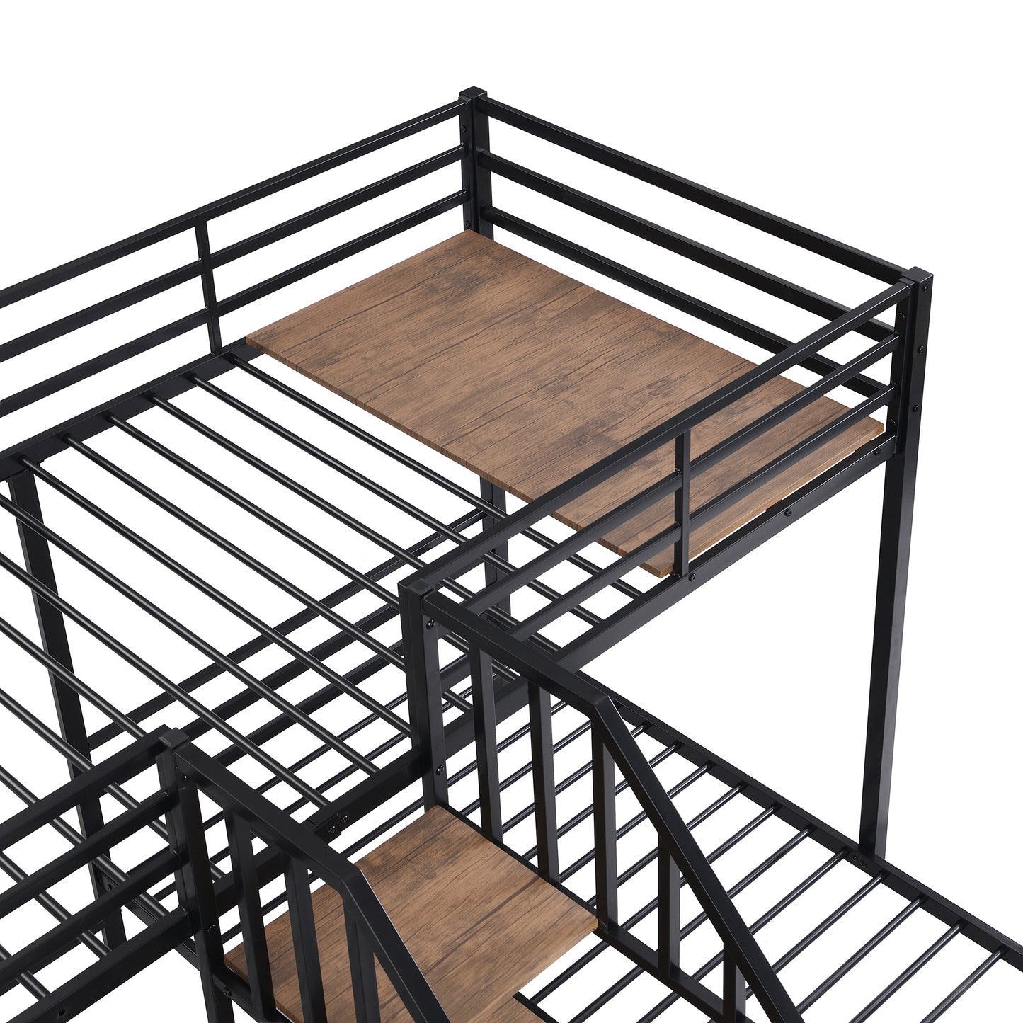 Black Metal Triple Bunk Bed with Storage Shelves and Staircase - Twin Over Twin Configuration