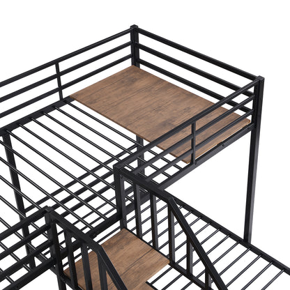 Black Metal Triple Bunk Bed with Storage Shelves and Staircase - Twin Over Twin Configuration