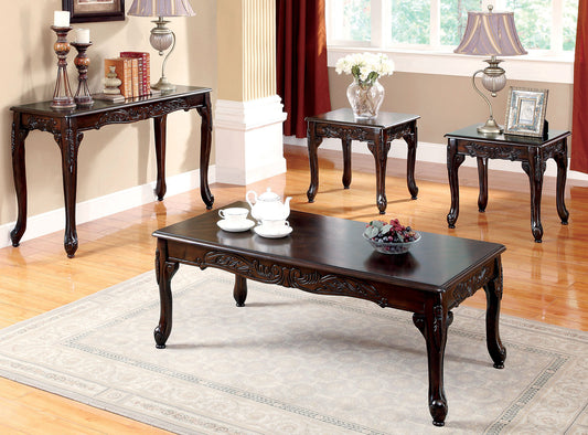 Traditional Solid Wood Coffee Table Set with 2 End Tables, Cabriole Legs, Parquet Top, Dark Cherry Finish