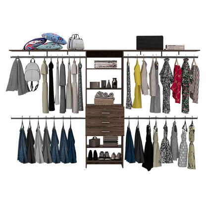 Plego Adjustable Drawers Closet System with Five Shelves and Four Hanging Rods - Dark Walnut Finish