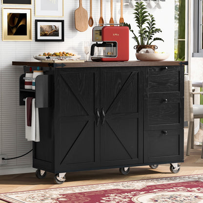 54.5" Rustic Farmhouse Kitchen Island with Power Outlet, Internal Storage, Drop Leaf, and Rolling Wheels for Home and Dining Room - Black