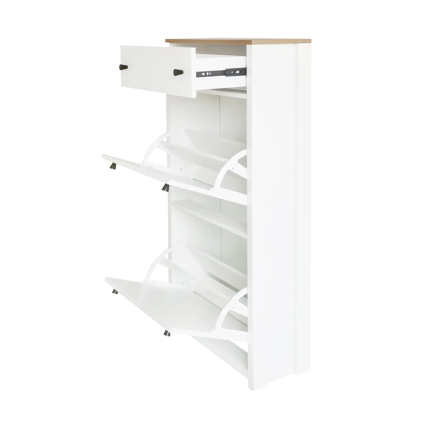 Contemporary White Shoe Cabinet with Wood Grain Top, Adjustable Drawer Organizer and 2 Flip Storage Sections for Entryway
