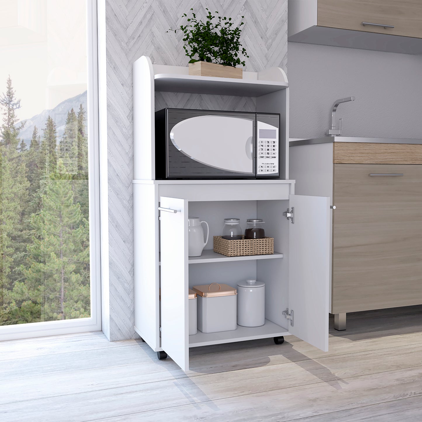 White 2-Door Kitchen Pantry with Microwave Shelf and Caster Wheels