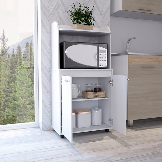 White 2-Door Kitchen Pantry with Microwave Shelf and Caster Wheels