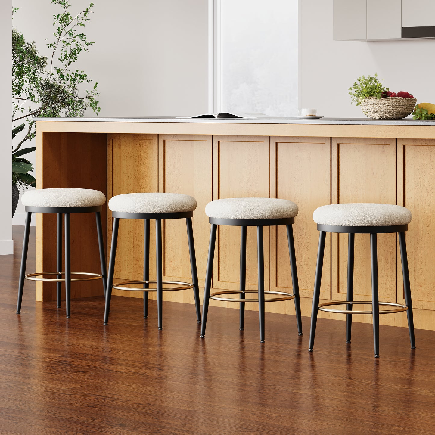 24.75'' Modern Counter Stools Set of 4,White Counter Stools with iron Frame,Sponge cushion,Footrest,suitable for Kitchen/Bedroom/Dining Room.