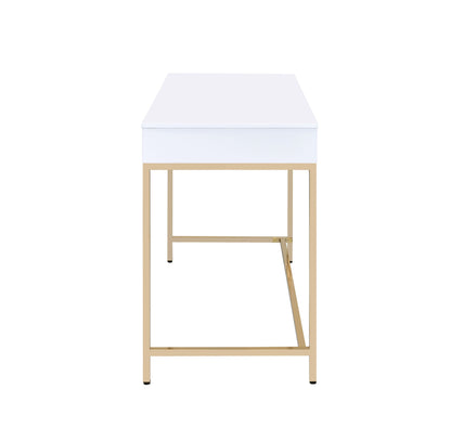 Contemporary White High Gloss Writing Desk with Gold Accents