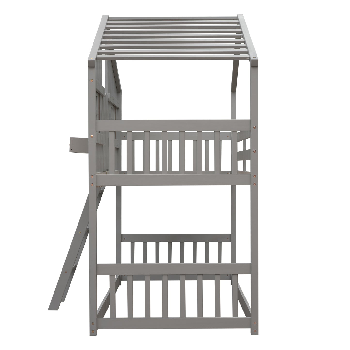 Twin House Bunk Bed for Kids with Roof and Windows - Twin Over Twin Design in Grey