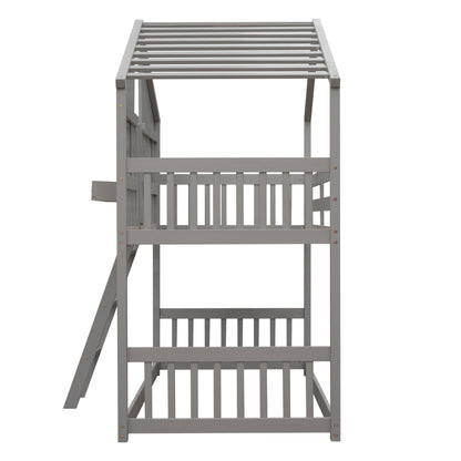 Twin House Bunk Bed for Kids with Roof and Windows - Twin Over Twin Design in Grey