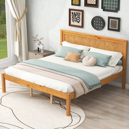 Elegant Oak Platform Bed Frame with Headboard - No Box Spring Required, Queen Size