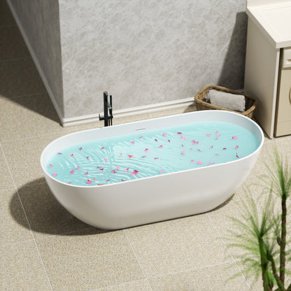 Luxury 69" Solid Surface Freestanding Soaking Bathtub - Handcrafted Matte White Stone Resin with Overflow and Pop-up Drain