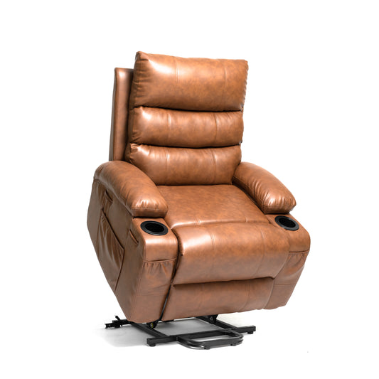 Electric Power Lift Recliner for Elderly, 21-Inch Seat, Cup Holders, Side Pockets - Cozy Brown PU