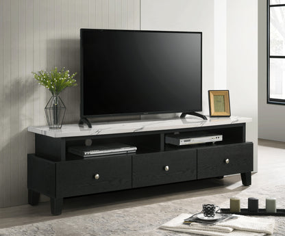 60-69 TV Stand Contemporary with Faux Marble Top, 3 Drawers, 2 Shelves, Silver-Tone Legs Black and White
