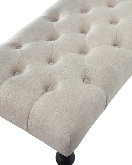 Solid Wood Dining Bench with Turned Legs, Tufted Fabric Seat, 48W x 16D x 19.5H in, Some Assembly Tan