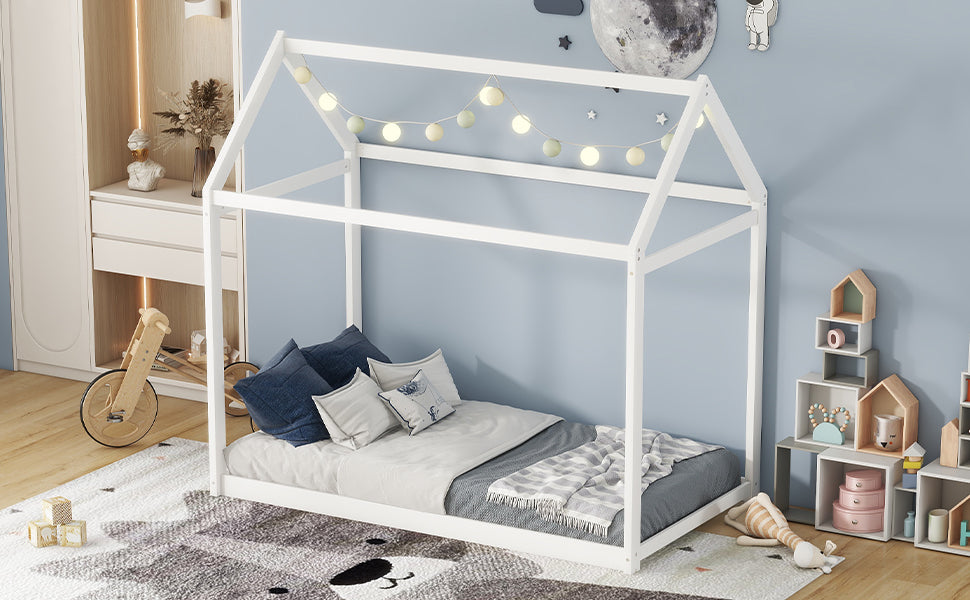 White Twin Size Pine Wood House Bed for Kids