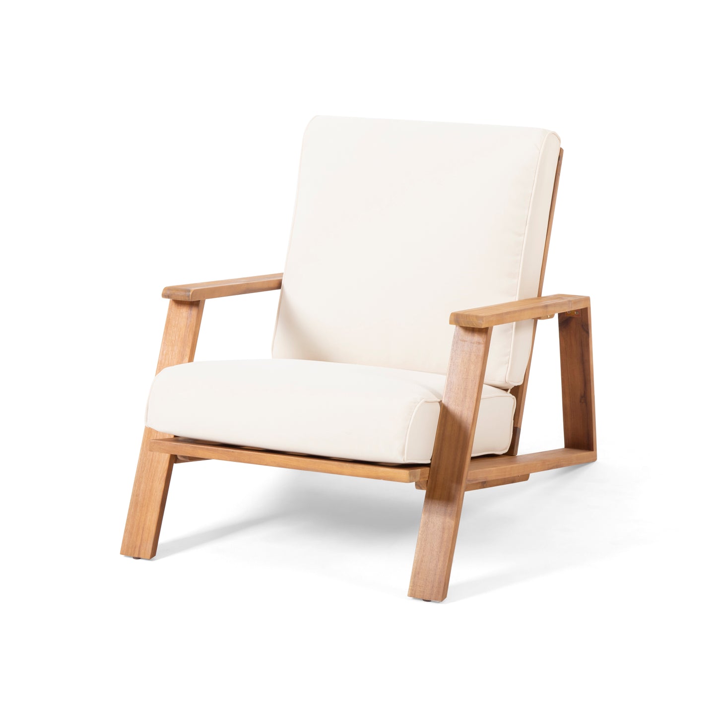 Outdoor Patio Lounge Chair With Teak Acacia Wood Frame, Cushioned Seating, 38.25 Inch Wide For Patio Beige