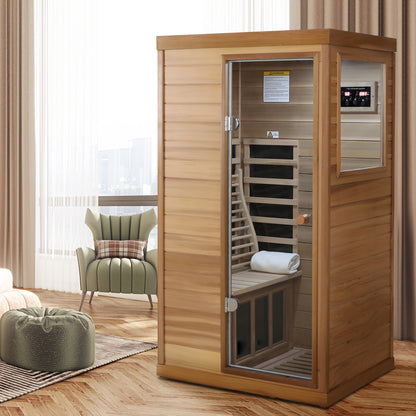 One-Person Indoor Far Infrared Sauna with Glass Door, Right Entry, 6 Heating Panels Caramel