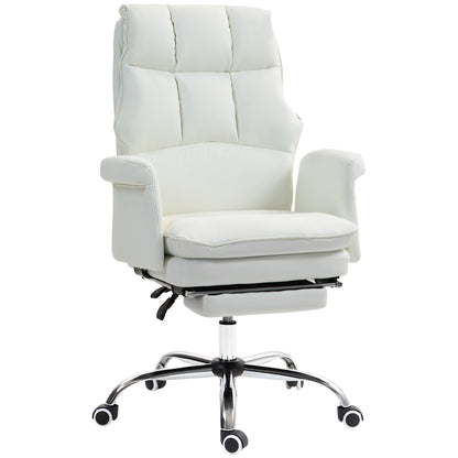 Modern White PU Leather Ergonomic Office Chair with Footrest, Reclining and Swivel Features
