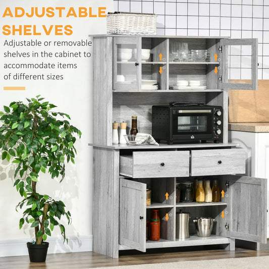 Rustic Ash Grey Kitchen Pantry Buffet with Adjustable Shelves and Glass Doors